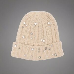 Beige Knit Beanie with Rhinestones